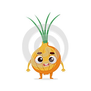 Funny cartoon onion. Kawaii vegetable character. Vector food illustration isolated on white background