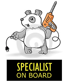 Funny cartoon Panda worker isolated. Sticker Specialist on board