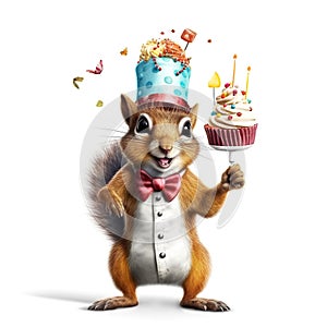 Funny cartoon party squirrel with sweet cakes isolated over white background. Colorful joyful greeting card for birthday or other