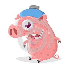 Funny cartoon pig has the flu