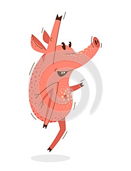 Funny cartoon pig jumping and saying Yes humorous vector illustration, animal character swine shows success and victory, happy