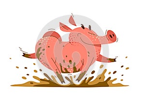 Funny cartoon pig runs in dirt vector illustration.