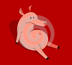 Funny cartoon pig sitting on ground sad disappointed and depressed vector illustration.