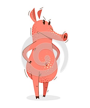 Funny cartoon pig standing angry and serious humorous vector illustration.