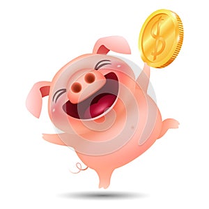 Funny cartoon piggy with big gold coin