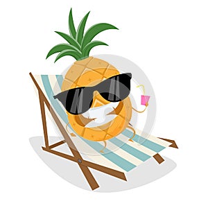 Funny cartoon pineapple relaxing on sunbed