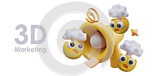 Funny cartoon poster with place for text. Yellow megaphone and flying emoji with reaction of shock