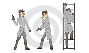 Funny Cartoon Private Detective Character Is Investigating Vector Illustration Set Isolated On White Background