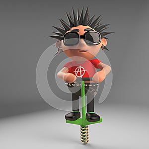 Funny cartoon punk rocker bounces round on his pogo stick, 3d illustration