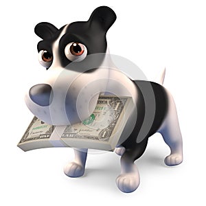 Funny cartoon puppy dog has a wad of dollar bills in his mouth, 3d illustration