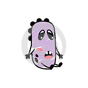 Funny cartoon purple monster sitting confused. A fictional character for children. Cute alien icon in doodle style