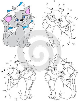 Funny cartoon pussycat. Vector illustration. Coloring and dot to