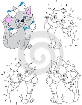 Funny cartoon pussycat. Vector illustration. Coloring and dot to photo