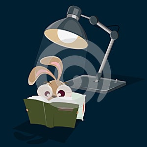 Funny cartoon rabbit reading a book