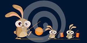 Funny cartoon rabbits walking with a lantern