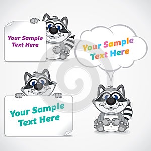 Funny Cartoon Raccoon with Blank Paper Banners