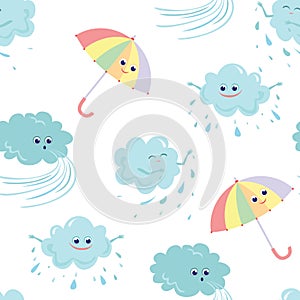 Funny cartoon rainy clouds, wind and umbrellas seamless pattern. Baby background