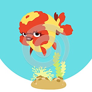 Funny cartoon ranchu goldfish with aquatic plants.