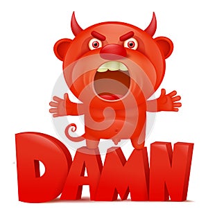 Funny cartoon red little devil emoji character with damn title
