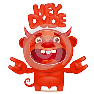 Funny cartoon red little devil emoji character with hey dude title