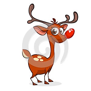 Funny cartoon red nose reindeer Rudolph character. Christmas vector illustration.
