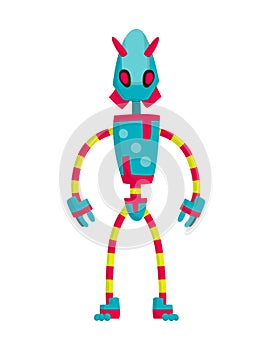 Funny cartoon robot. Cute retro robot. Robotic for children. Friendly android robot character with arms. Toy character