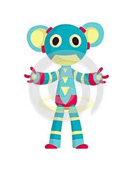 Funny cartoon robot. Cute retro robot. Robotic for children. Friendly android robot character with arms. Toy character