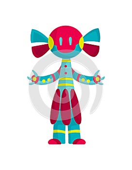 Funny cartoon robot. Cute retro robot. Robotic for children. Friendly android robot character with arms. Toy character