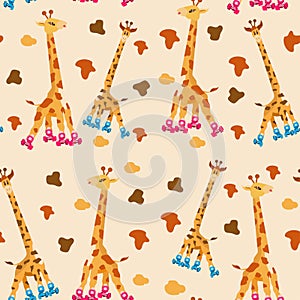 Funny cartoon roller-skating giraffes seamless pattern. Childrens illustration animals go in for sports. Cute loving giraffes. photo