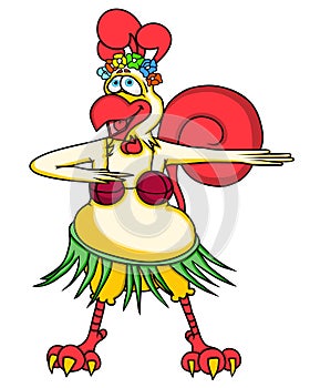 Funny cartoon rooster dancing Hawaiian dance.