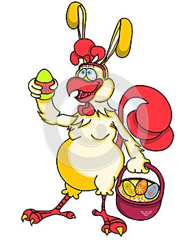 Funny cartoon rooster in the form of an Easter bunny with a basket of colored eggs on white background.