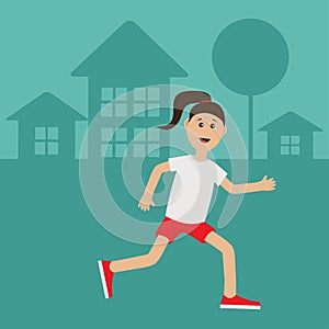 Funny cartoon running girl Cute run woman Night summer time. House, tree silhouette. Jogging lady Runner Fitness outside workout