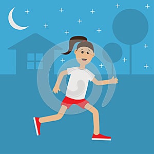 Funny cartoon running girl Cute run woman Night summer time. House, tree silhouette. Stars shining. Jogging lady Runner Fitness