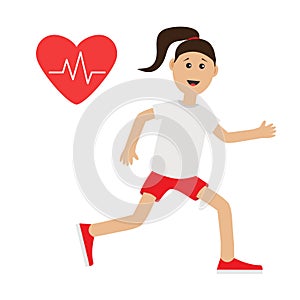 Funny cartoon running girl Heart beat icon Cute run woman Jogging lady Runner Fitness cardio workout running female character Iso