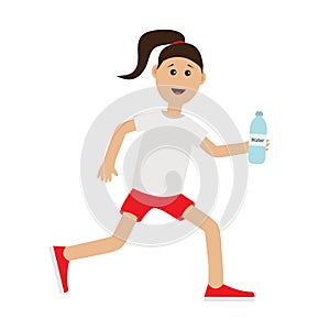 Funny cartoon running girl holding water bottle. Cute run woman Jogging lady Runner Fitness workout running female character Isol