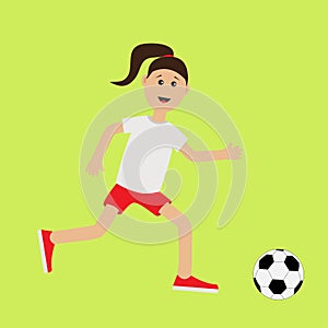 Funny cartoon running girl with soccer ball. Football player. Cute run woman Runner Fitness workout running female character