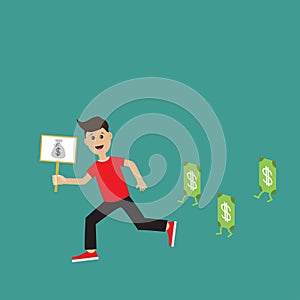 Funny cartoon running guy Boy character Businessman hand holding paper blank with money bag on the stick Money bill banknote with