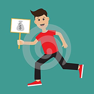 Funny cartoon running guy Boy character Businessman hand holding paper blank sign plate with money bag on the stick Flat design