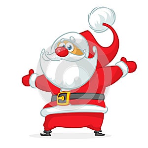 Funny cartoon Santa claus character pointing hand isolated white background. Vector Christmas illustration.