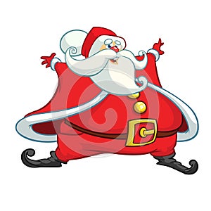 Funny cartoon Santa claus character waving hands isolated white background. Vector Christmas