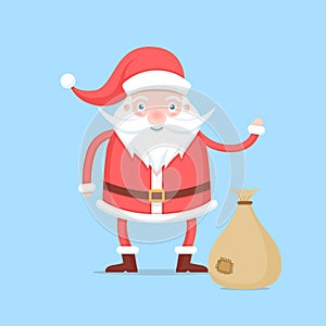 Funny cartoon Santa Claus in red coat and hat character with a bag with gifts