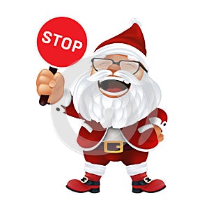 Funny cartoon Santa Claus in a red hat and glasses. Laughing and smiling Christmas character in traditional costume holding and