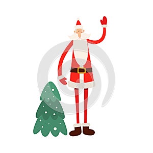 Funny cartoon Santa Claus standing with a Christmas tree and waving his hand on white background.