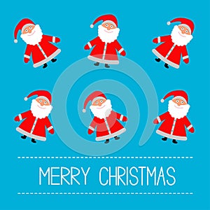 Funny cartoon Santas. Blue background. Merry Christmas card.