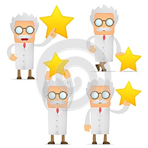 Funny cartoon scientist holding a favorite star