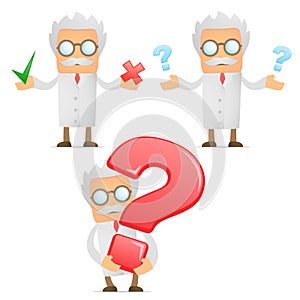 Funny cartoon scientist with a question mark photo