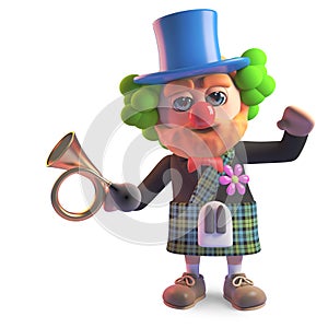 Funny cartoon Scottish man in kilt dressed as clown with red nose, 3d illustration