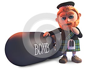 Funny cartoon Scottish man in kilt stands next to a huge atomic bomb, 3d illustration