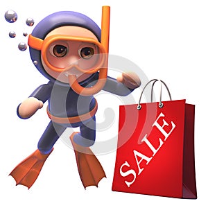 Funny cartoon scuba snorkel diver in 3d watchs a shopping sale bag sink