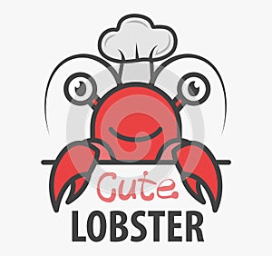 Funny cartoon seafood shop mascot. Happy lobster chef. Crawfish bar icon. Design for print, emblem, t-shirt, party decoration,